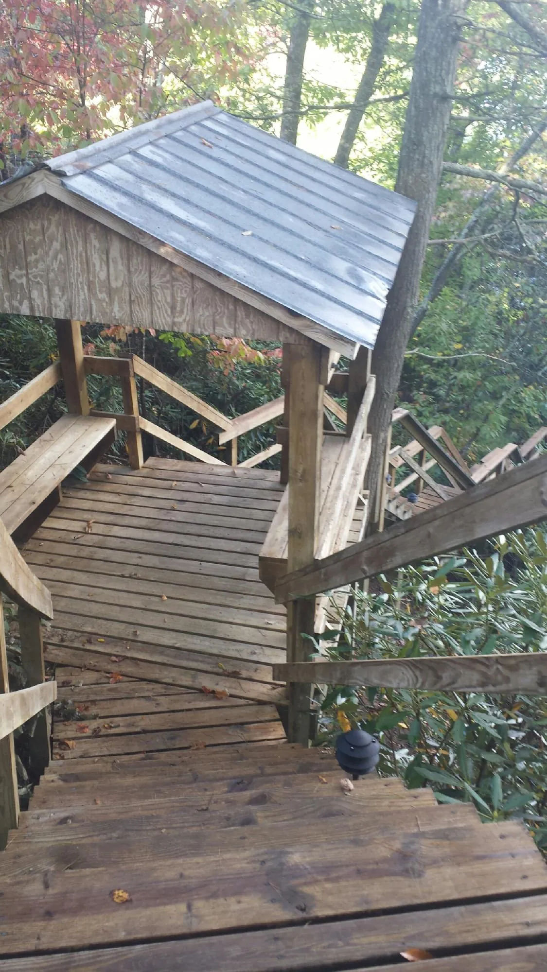 Metal roofed shelter over wooden steps on a wooded walkway — Skylight Repair & Installation work by our crew in Delton